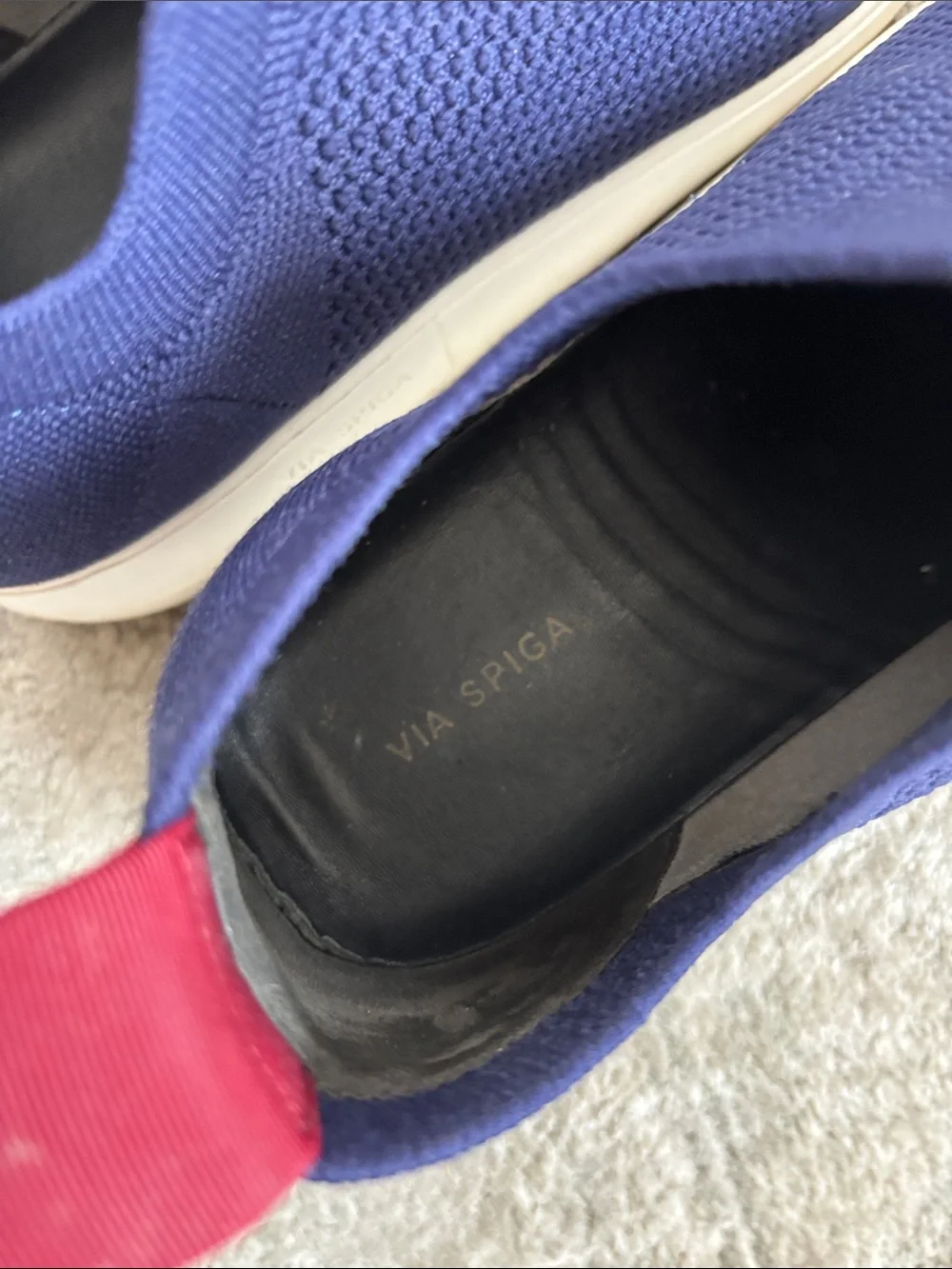 Via Spiga Slip-On Knit Sneakers in Navy with Maroon Pull Tab